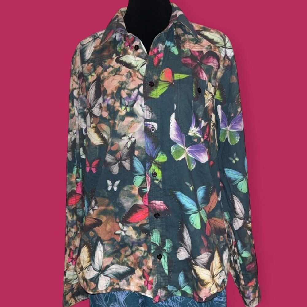 Adriano Piana Butterfly Floral Button Up Shirt Multicolor Brazil Size S